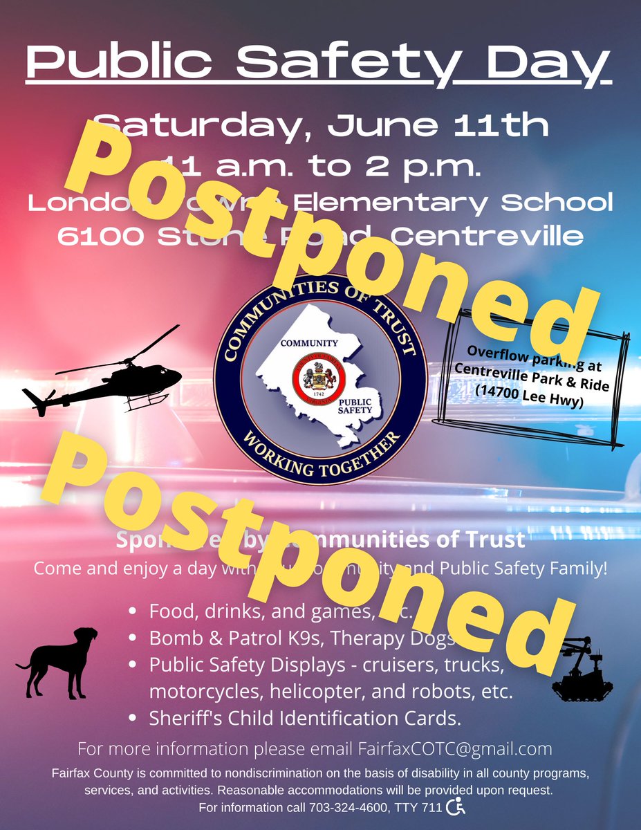 ￼
Due to the impending weather, Saturday's Public Safety Day has been postponed. 🌧