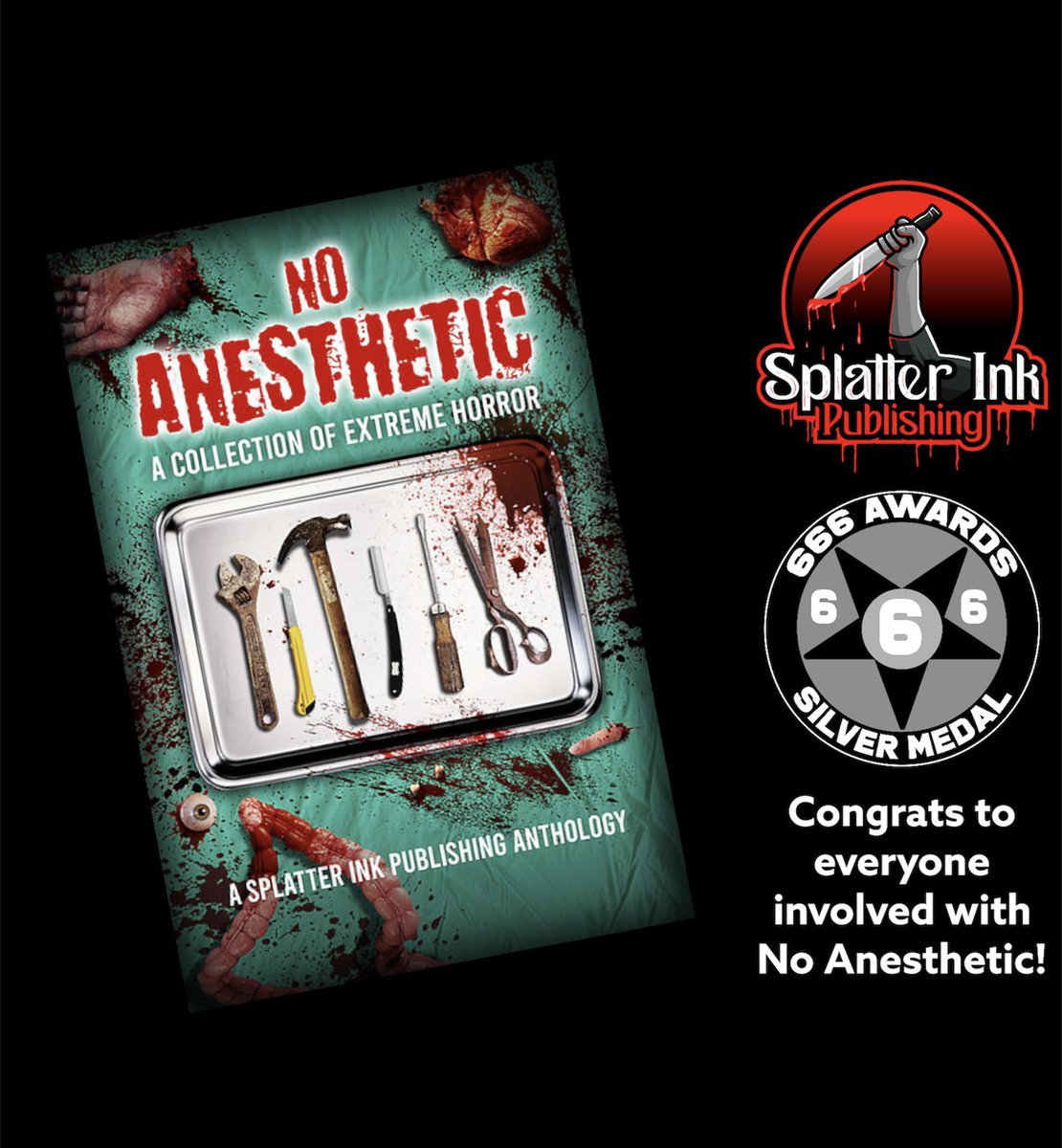 SIPAnthologies's tweet image. We are runner-ups for the 666 awards! No Anesthetic was runner up for best Anthology/Collection and we are so proud! 

Thank you to everyone involved with the book and everyone who has purchased it. From deep down, we thank you. 😄