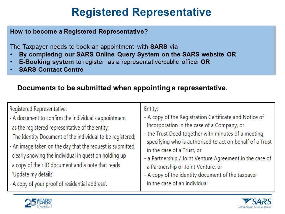 sarstax's tweet photo. How to become a #RegisteredRepresentative?:

1. SARS Online Query system: https://t.co/st5NXqXGEP
2. eBooking: https://t.co/IcdgG5S9yC
3. 0800 00 7277 https://t.co/rV3r500vFj