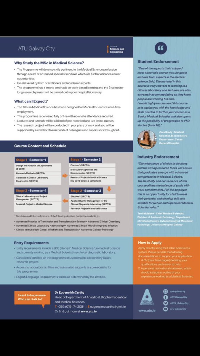 Brian Moran (@bmoran0) on Twitter photo Now taking applications for the MSc in Medical Science, designed for Medical Scientists in full time employment👨🔬👩🔬
To learn more (and apply) visit: gmit.ie/master-of-scie…
<a href="/ACSLM1/">Academy of Clinical Science & Laboratory Medicine</a> @GmitHaem <a href="/mcgrathmf/">Marymcg</a> <a href="/debbiecor15/">Debbie Corcoran, PhD</a> <a href="/finnkaren13/">Karen Finn</a> <a href="/sharon_duffy92/">Sharon Duffy</a> <a href="/helen_cregg/">Helen Cregg</a> <a href="/ATU_GalwayCity/">ATU Galway City</a> Now taking applications for the MSc in Medical Science, designed for Medical Scientists in full time employment👨🔬👩🔬
To learn more (and apply) visit: gmit.ie/master-of-scie…
<a href="/ACSLM1/">Academy of Clinical Science & Laboratory Medicine</a> @GmitHaem <a href="/mcgrathmf/">Marymcg</a> <a href="/debbiecor15/">Debbie Corcoran, PhD</a> <a href="/finnkaren13/">Karen Finn</a> <a href="/sharon_duffy92/">Sharon Duffy</a> <a href="/helen_cregg/">Helen Cregg</a> <a href="/ATU_GalwayCity/">ATU Galway City</a>
