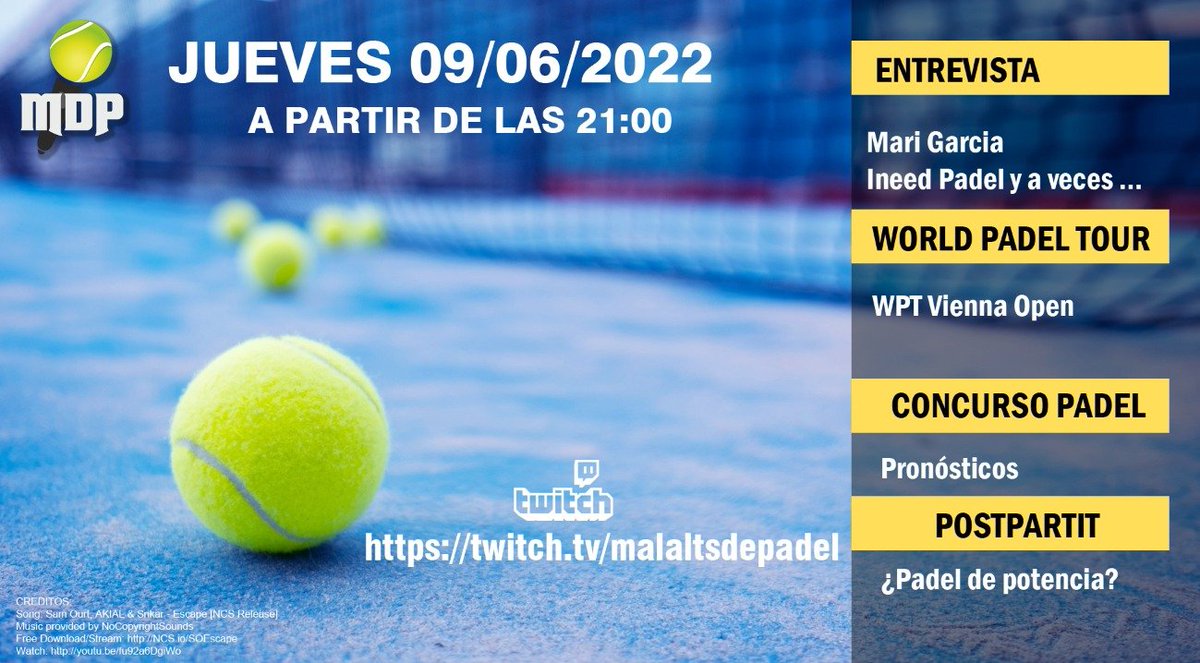 🔴Os esperamos en nuestro directo de hoy en nuestros canal de #twitch 

⏰21:00
🔗 bit.ly/mdptwitch
▶️Entrevista a <a href="/mgsalas72/">Mari García Salas</a> 
▶️Octavos del #WPTViennaOpen 
▶️Pronósticos en <a href="/ConcursoPadel/">Concurso Padel</a> 
▶️Postpartit: ¿Pádel de Potencia?