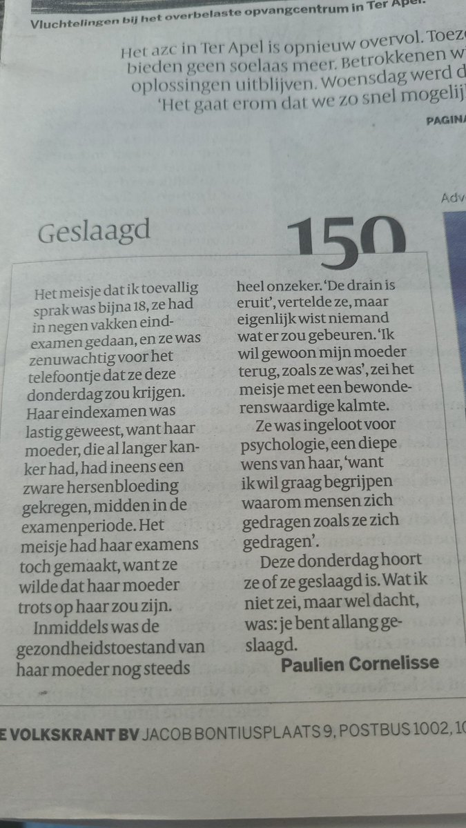 Geslaagd! Zo'n laatste zin zegt alles wat echt van belang is. Column Paulien Cornelisse in de <a href="/volkskrant/">de Volkskrant</a>