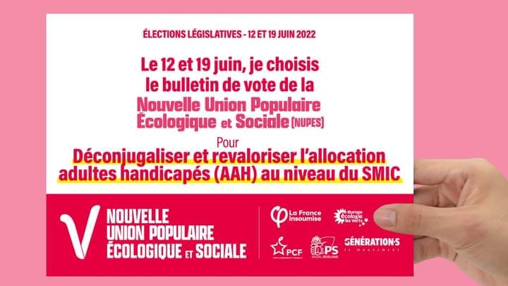 FrontPopChab's tweet photo. ✌️ Le 12 et 19 juin, choisissez le bulletin de vote de la Nouvelle Union Populaire Écologique et Sociale pour déconjugaliser et revaloriser l'allocation adultes handicapés (AAH) au niveau du SMIC ! 

#NUPES #Legislatives #Chablais #HauteSavoie https://t.co/ONtWizZS5e