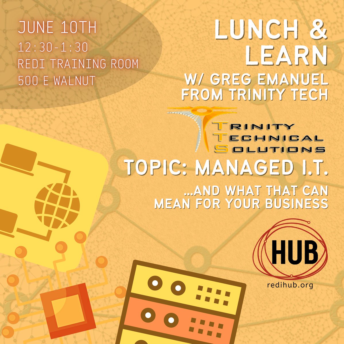 Greg Emanuel with Trinity Technical Solutions, LLC. explain how Managed I.T. can work for your business in ways you might not expect. Q&amp;A time available at the end. 

Join us tomorrow, Friday, June 10th here at the REDI office at 12:30 pm! mailchi.mp/88ff4e5e3845/j…
