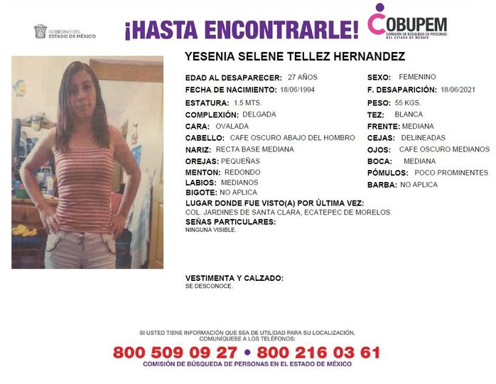 COBUPEM's tweet image. Solicitamos de tu apoyo en difusión para dar pronta localización a Yesenia Selene Téllez Hernández, comunícate a los teléfonos de COBUPEM 800 216 0361, 800 509 0927. #TodosEnLaBúsqueda