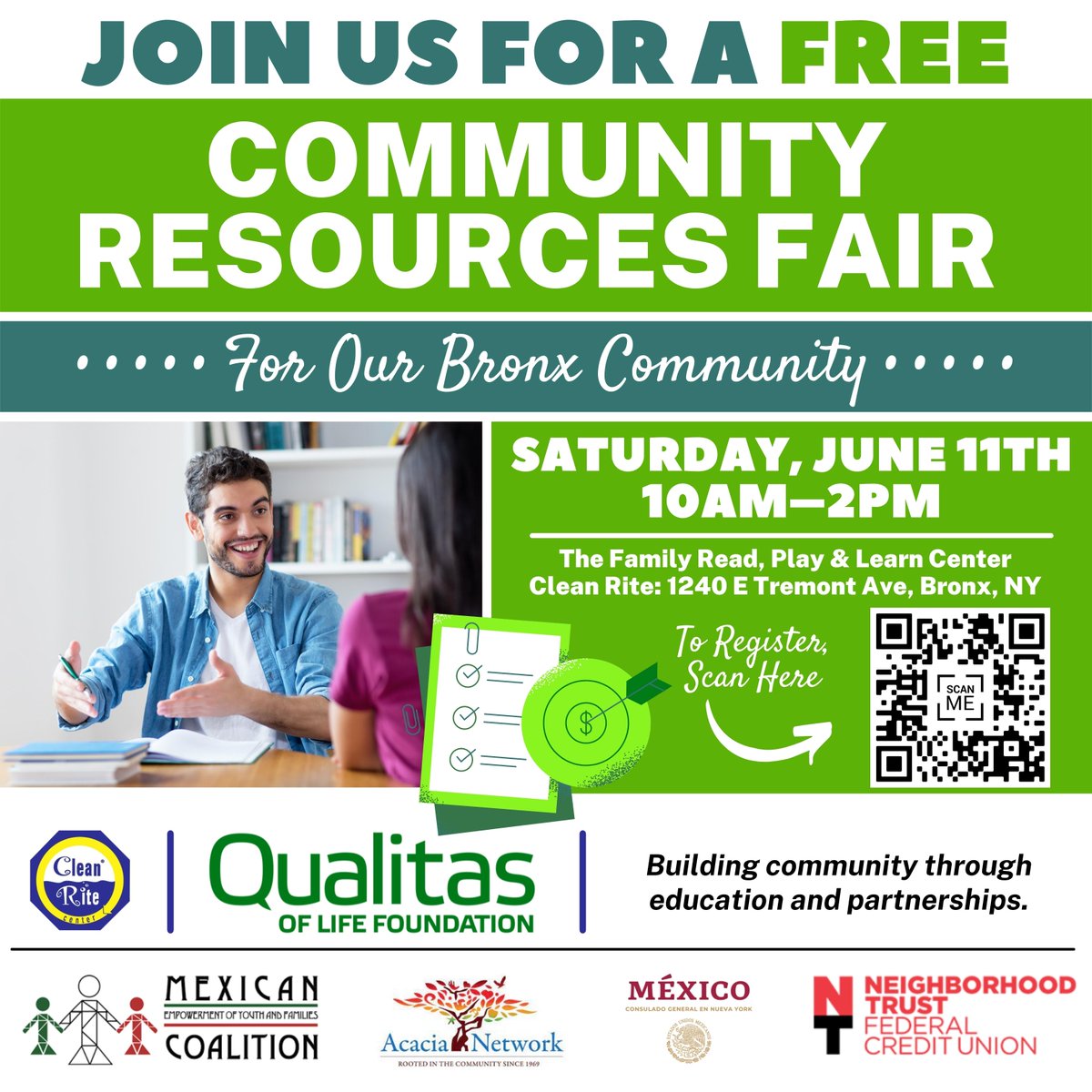 Join us and 
<a href="/QualitasofLife/">Qualitas of Life Foundation</a>
 and other great community organizations on Saturday from 10-2 at 1240 E Tremont Ave in the Bronx for a free Community Resources Fair (Feria De Recursos Comunitarios)! (&amp; enjoy some snacks) Hope to see you there! Register here: bit.ly/FeriaJun11