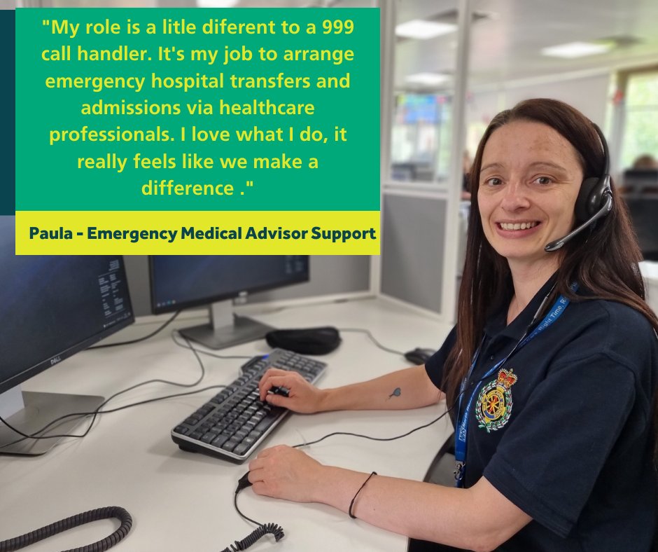 JOB ALERT - Emergency Medical Advisor Support 

Meet Paula: “My job is a little different from taking 999 calls. Rather than speaking directly to the public, I arrange emergency hospital transfers and admissions for patients."

To apply: bit.ly/3yYIXq9