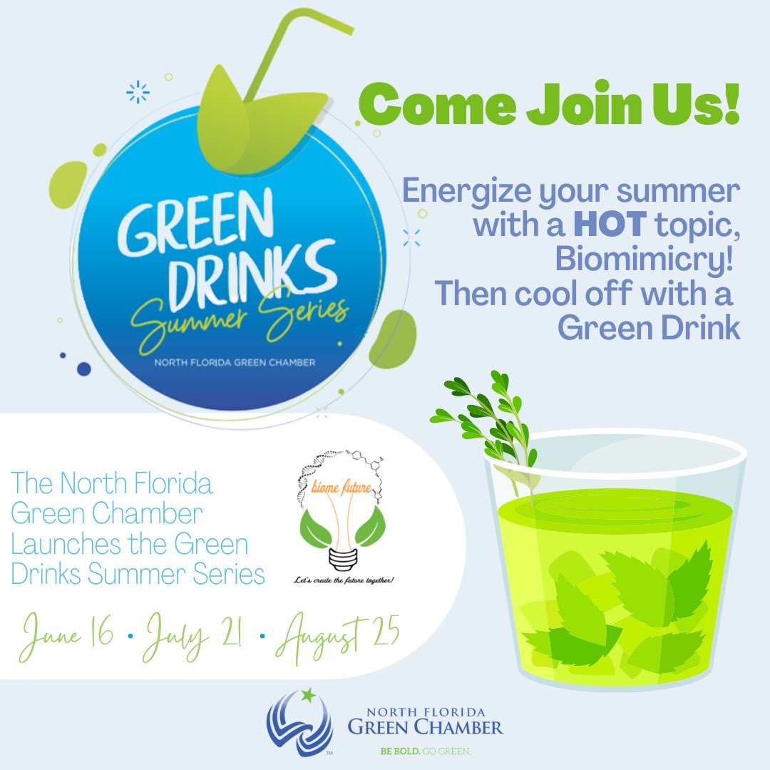 I’ll be presenting a series on biomimicry for the NFGCC this summer. Starts at 4pm at the Cobalt Moon Center in Neptune Beach, followed by Green Drinks at Sliders Oyster Bar, from 5-6pm! The event is free and open to the public! 

Go the NFGCC to register! northfloridagreenchamber.org/events/green-d…