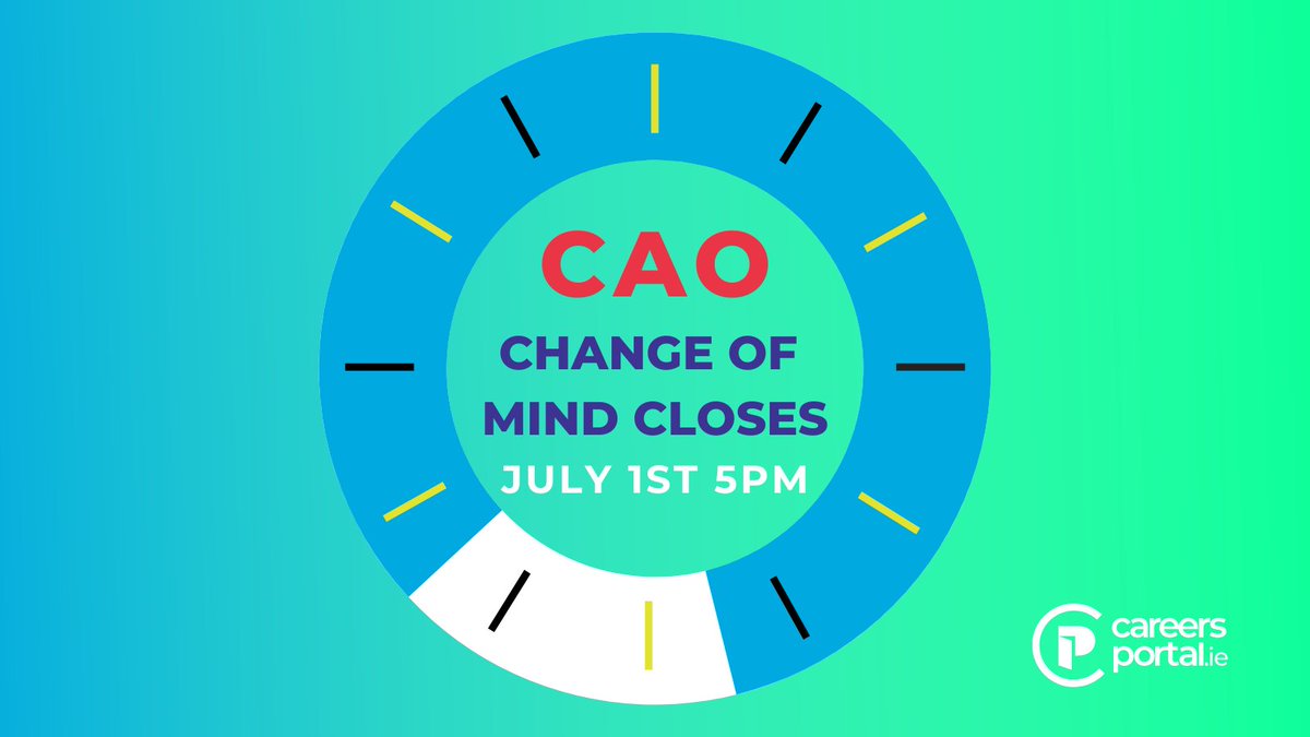 ‼️A date for the Diary!

Don't forget that CAO Change of Mind closes on 1st of July at 5PM

You can amend or add courses up to this date ✅

Explore courses here🔗 bit.ly/3tpd2eQ

#CAO #CAO22 #LeavingCert2022