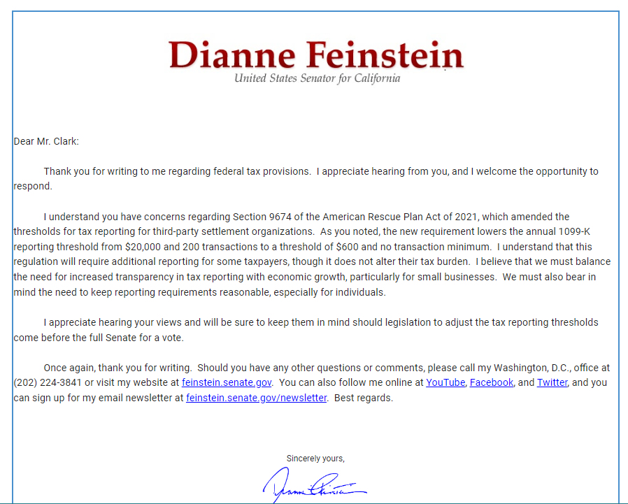 MiragePro's tweet image. Using Ebay was a means for us to unload older pieces of equipment, so we could purchase new merchandise. I wrote Dianne Feinstein and she replied with a typical Democrat response, it's better for small business growth.