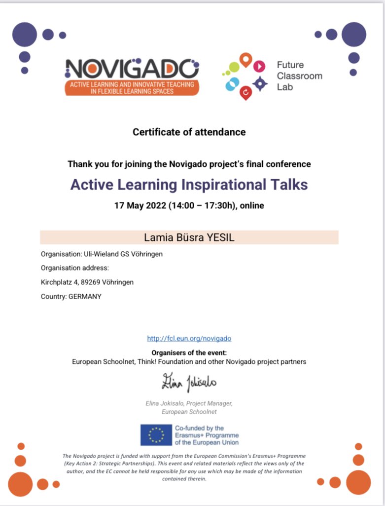 lbusrayesil's tweet photo. Another certif. for the Novigado project’s final conference: Active Learning Inspirational Talks.
Thanks a lot #Novigado @eu_schoolnet https://t.co/wj5RqpnEdn