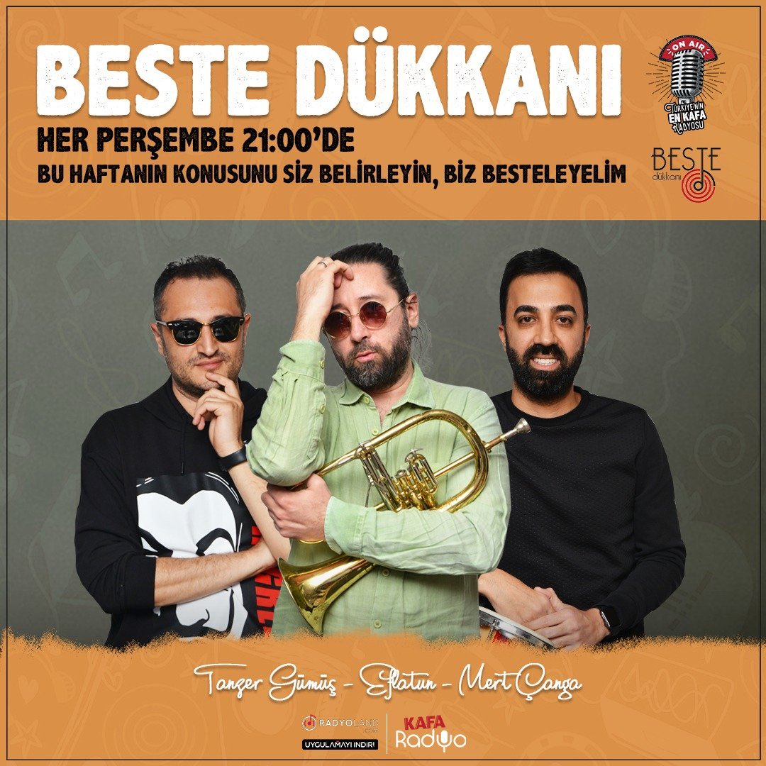 Beste Dükkanı her perşembe 21:00’de Kafa Radyo’da. 📻

• Bu haftanın konusunu sen belirle, Twitter üzerinden #BesteDükkanı hastagiyle <a href="/bestedukkani/">Beste Dükkanı</a> hesabını etiketleyip şarkı sözünü yaz, canlı yayında bestelensin. 🎤 🎼

#KafaRadyo <a href="/tanzergumus/">ömerg</a> <a href="/Efla_tun/">Eflatun Official</a> <a href="/MertCanga/">Mert Çanga</a>