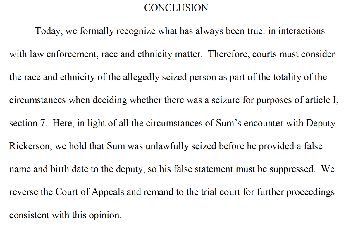 KorematsuCtr's tweet photo. Important opinion from unanimous court: "A person's race and ethnicity are relevant to the question of whether they have been seized by law enforcement."

Also-recognition that "Asian" can obscure disproportionality that Native Hawaiians/Pacific Islanders experience in WA. https://t.co/agqu0ipc9n