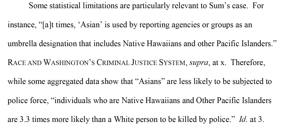 KorematsuCtr's tweet photo. Important opinion from unanimous court: "A person's race and ethnicity are relevant to the question of whether they have been seized by law enforcement."

Also-recognition that "Asian" can obscure disproportionality that Native Hawaiians/Pacific Islanders experience in WA. https://t.co/agqu0ipc9n