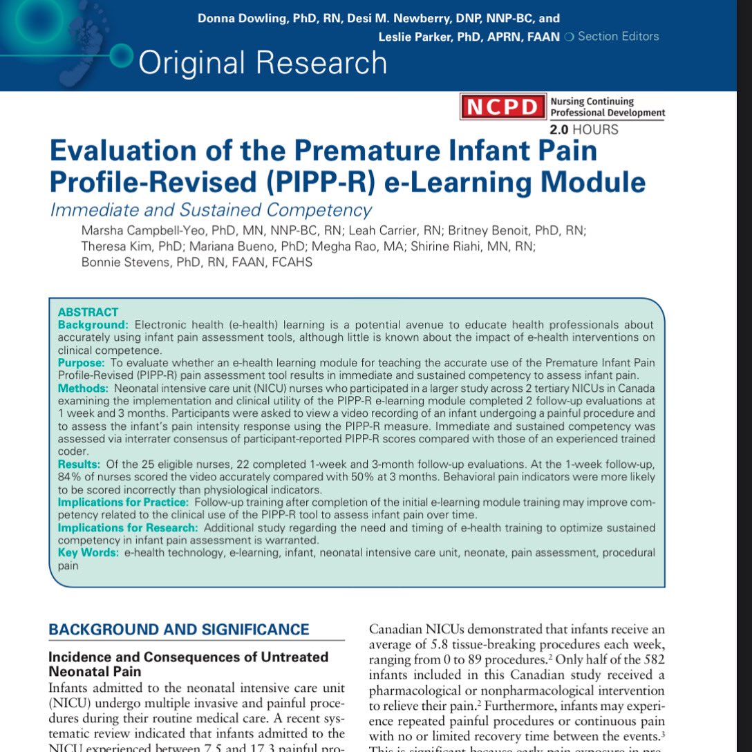 Thank you <a href="/DrMCampbellYeo/">Marsha Campbell-Yeo</a> and <a href="/momlinclab/">MOM-LINC Lab</a> for partnering with us to evaluate immediate and sustained competency to asses pain using the PIPP-R and its online module. Our paper is finally out! <a href="/ANCjournal/">Advances in Neonatal Care</a>