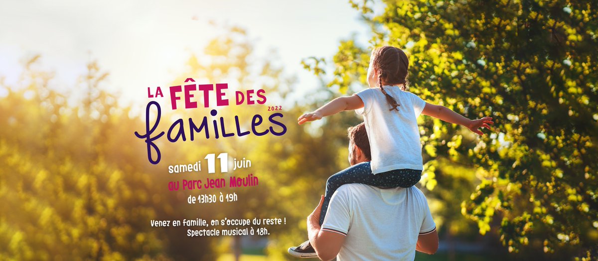 villedaubagne's tweet photo. 👨‍👩‍👧‍👦Venez conclure l’année scolaire autour du jeu et du loisir en participant à la nouvelle édition de la #FêtedesFamilles !🙂

🗓 Samedi 11 juin
📍 Parc Jean-Moulin
🕑 De 13h30 à 19h
🆓 Entrée libre

#FêtedesFamillesAubagne #enfance #éducation #Aubagne https://t.co/pj1U1jQVAz