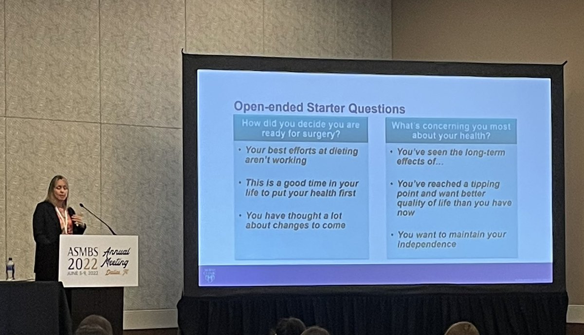 Love these open-ended questions from Dr. Gretchen Ames to remove blame/shame and a focus on weight when starting the #BariatricSurgery journey <a href="/ASMBSIH/">ASMBS IH</a>