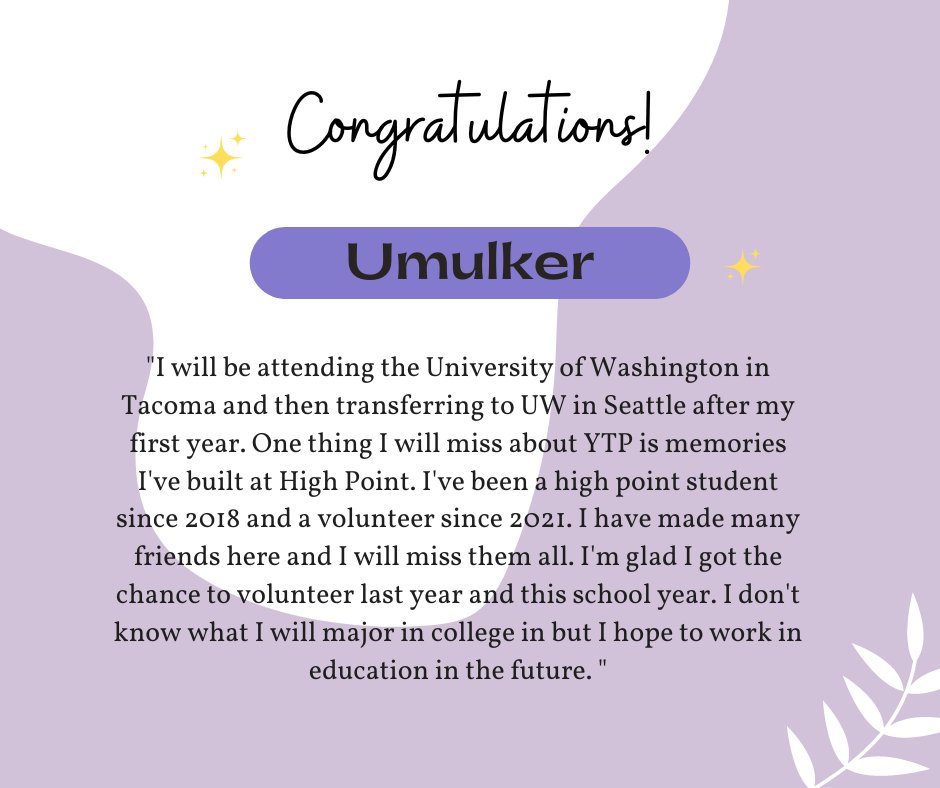 YTPSeattle's tweet photo. Another #SeniorShoutOut goes to our senior at High Point, Umulker! Wishing you the best on your future endeavors, we are very proud of you! #Classof2022 #ytpseattle https://t.co/EIP95dBZ6S