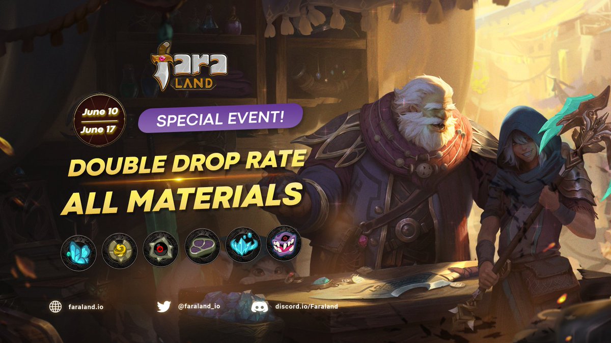 🔥Double Drop Rate of All Materials🔥

Continuing the series of events to celebrate Faraland's birthday, we are grateful for the community's companionship🥳🥳

This event applies to all Materials in PvE mode including Soul Stone.

⏰ 4AM UTC June 10 - June 17, 2022

#Faraland