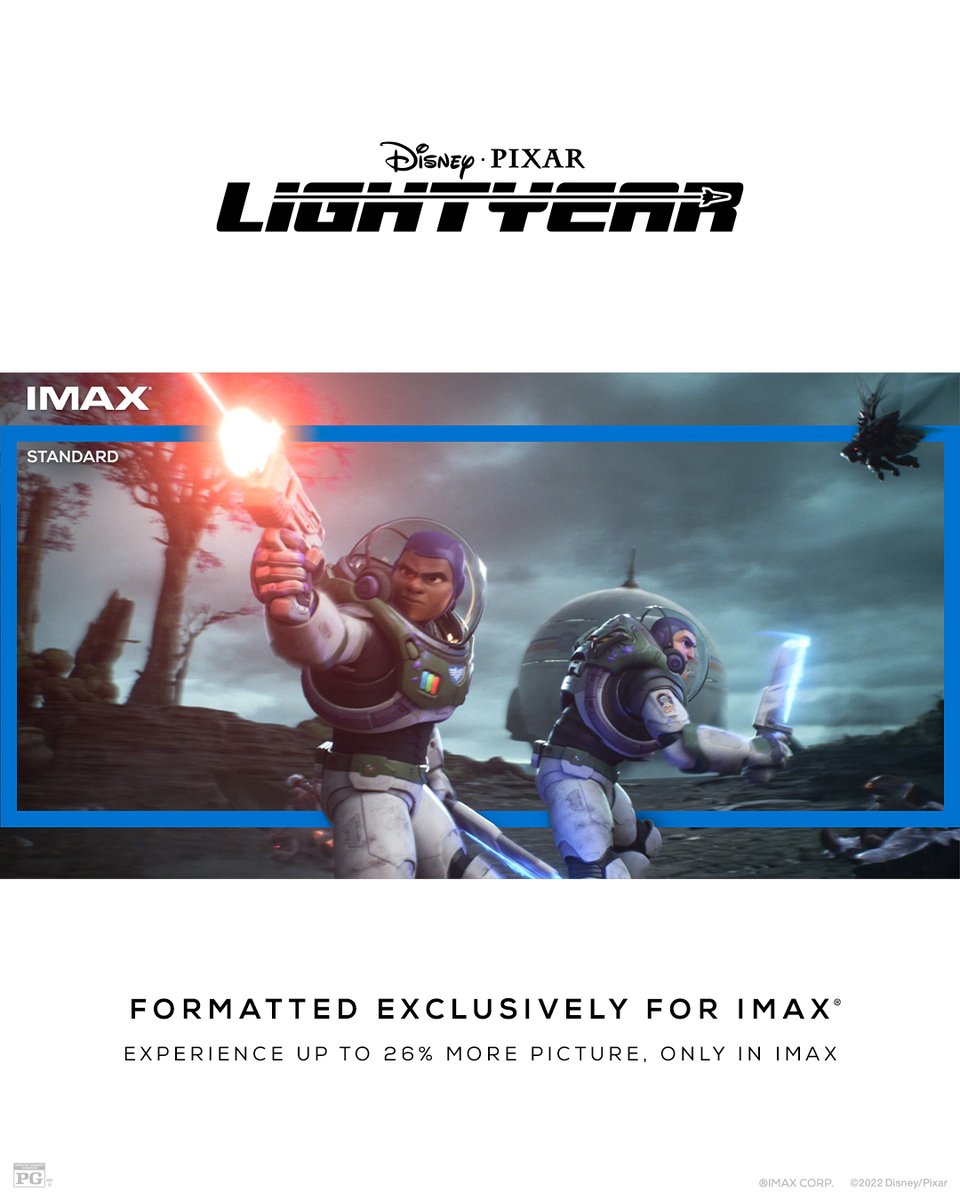 Go to infinity and beyond with #Lightyear in IMAX! Get up to 26% more picture when you experience the first Pixar film to feature IMAX's exclusive Expanded Aspect Ratio.