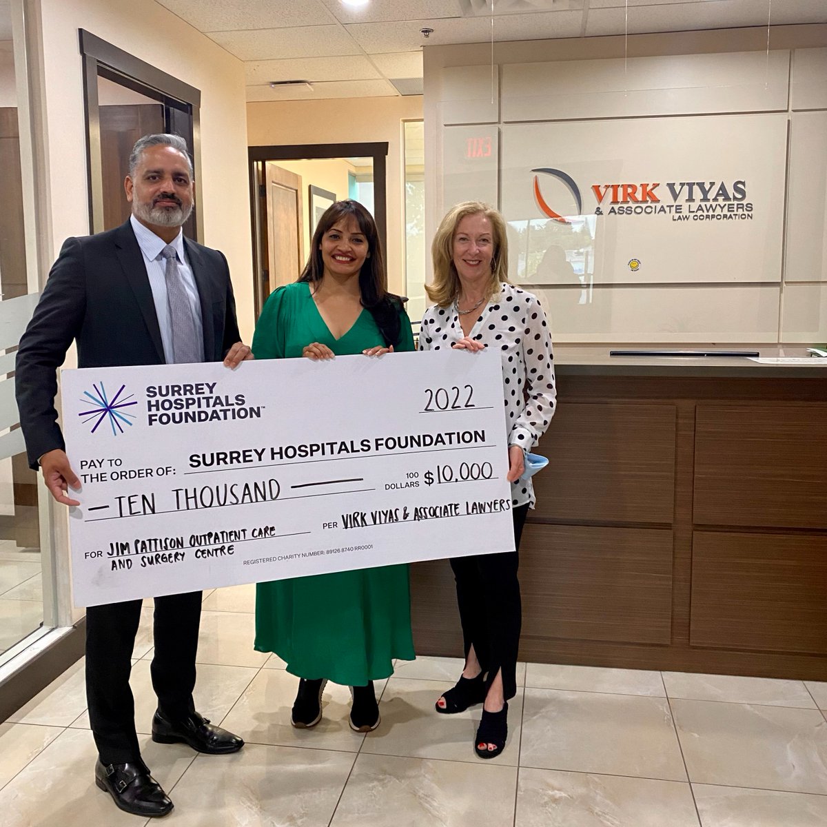 SurreyHospFdn's tweet photo. Thank you to our long-time Community Champion, Virk Viyas & Associate Lawyers, for their gift of $10,000 for Jim Pattison Outpatient Care and Surgery Centre! We are grateful for your continuous support in bringing life-changing health care to our community. #JPOCSC #SurreyBC https://t.co/GgYn1YOyxt