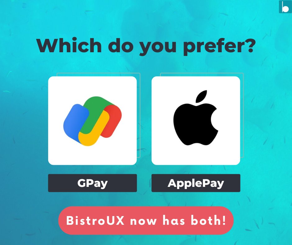 Which payment option do you prefer to use? BistroUX now accepts GPay AND ApplePay!

Learn more about BistroUX:zcu.io/jqiX 

#restaurantmarketing #restaurantstyle #restaurantstartup #restauranttrends #restaurantbusiness #restauranttech #restaurants #onlineorder