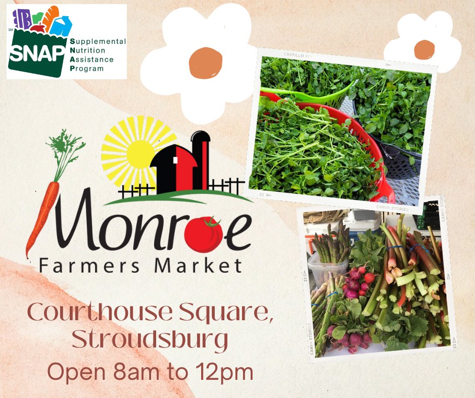 MonroFarmMarket's tweet photo. Find your fresh ingredients at the farmer's market 🍅! Get more fruits 🍓 and vegetables 🥕 when you use your snap card 💳! 
Open Saturday mornings 8am to noon in Courthouse Square, #Stroudsburg 🥰! 
Rain ☂️ or shine 🌞!

#MonroeCountyPA #FarmersMarket #BuyLocal #SupportSma ... https://t.co/lIxkjDiQ55
