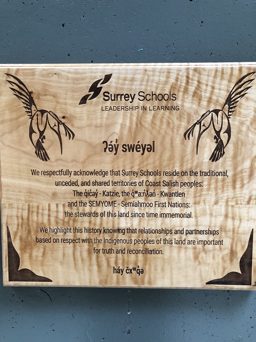 MTKilpatrick's tweet image. Another important step in truth and reconciliation is acknowledging how privileged we are to be on the land we learn and play on everyday. This beautiful plaque designed by Katie artist Rain Pierre is now mounted at our @KwantlenS front entry. #respect @Surrey_Schools