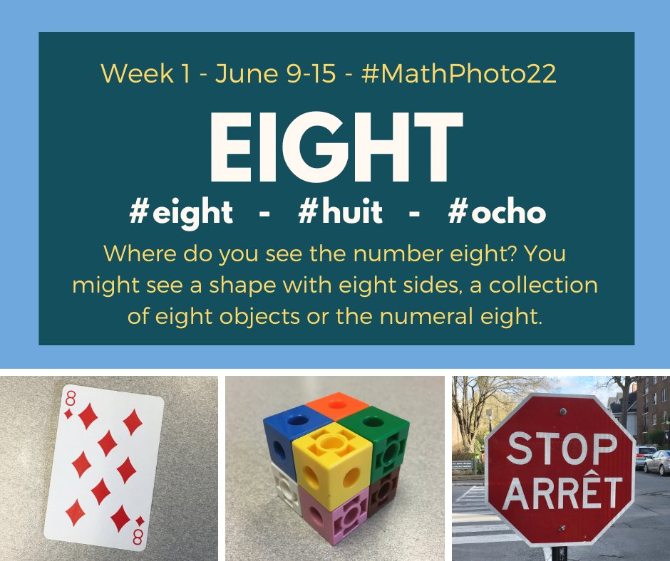 It's time to kick off #MathPhoto22! During week 1, look for #eight to mark the eighth year of the math photo challenge. Where do you see eight as a shape, quantity or numeral? Take photos and post to Twitter using the hashtags #MathPhoto22 and #eight. #MTBoS #ITeachMath