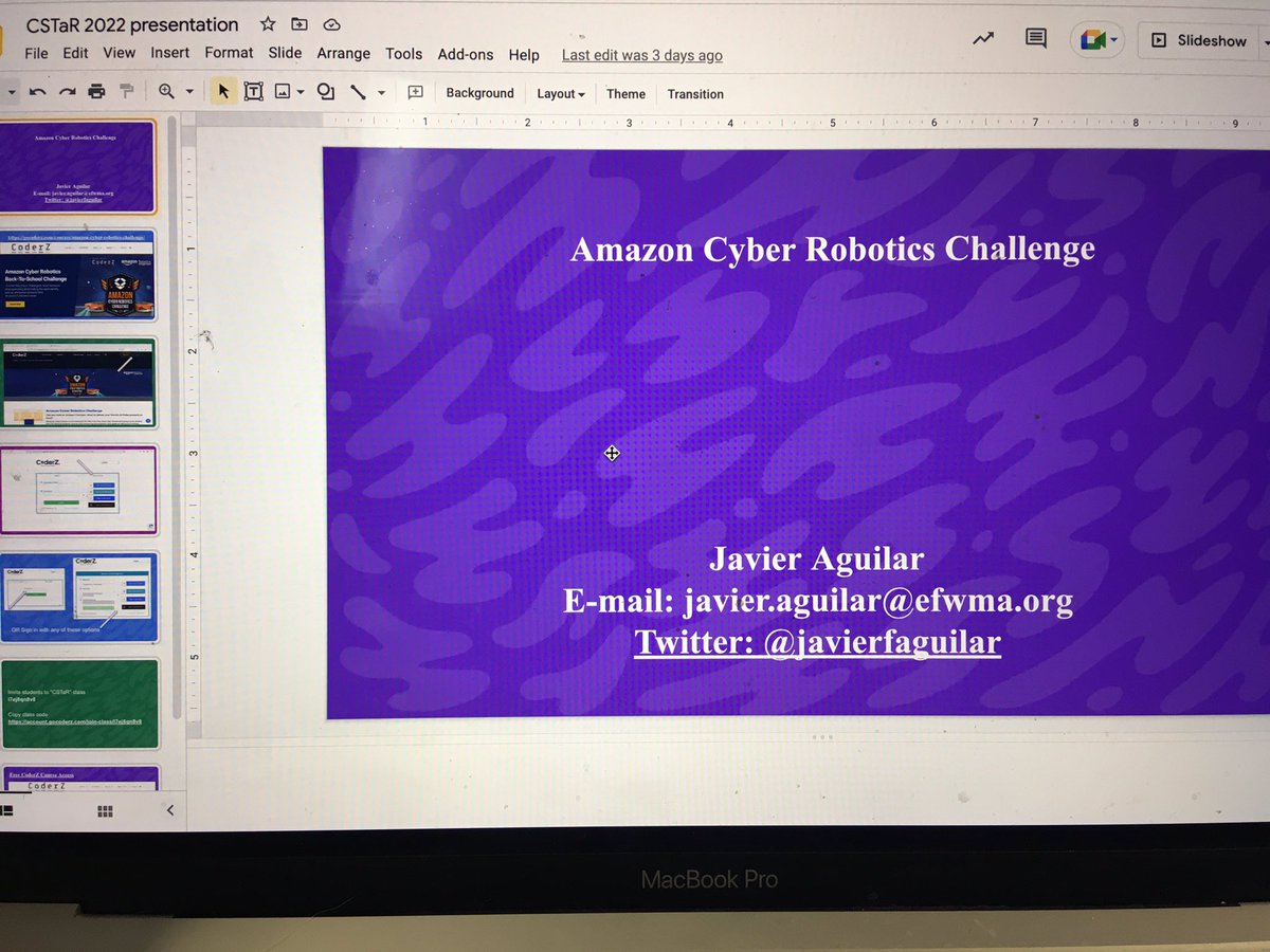 javierfaguilar's tweet image. Excited & ready to present the
@GoCoderZ -Amazon Cyber Robotics Challenge @AmazonNews #AmazonFutureEngineer #robotics
#virtualrobotics at #CSTaR2022
#RiceU_STEM
@mathematic_AL
#RiceSTEM
Advocate for #equity #diversity #confidence #RemoteLearning #CSforGood #creativity
#CSforALL