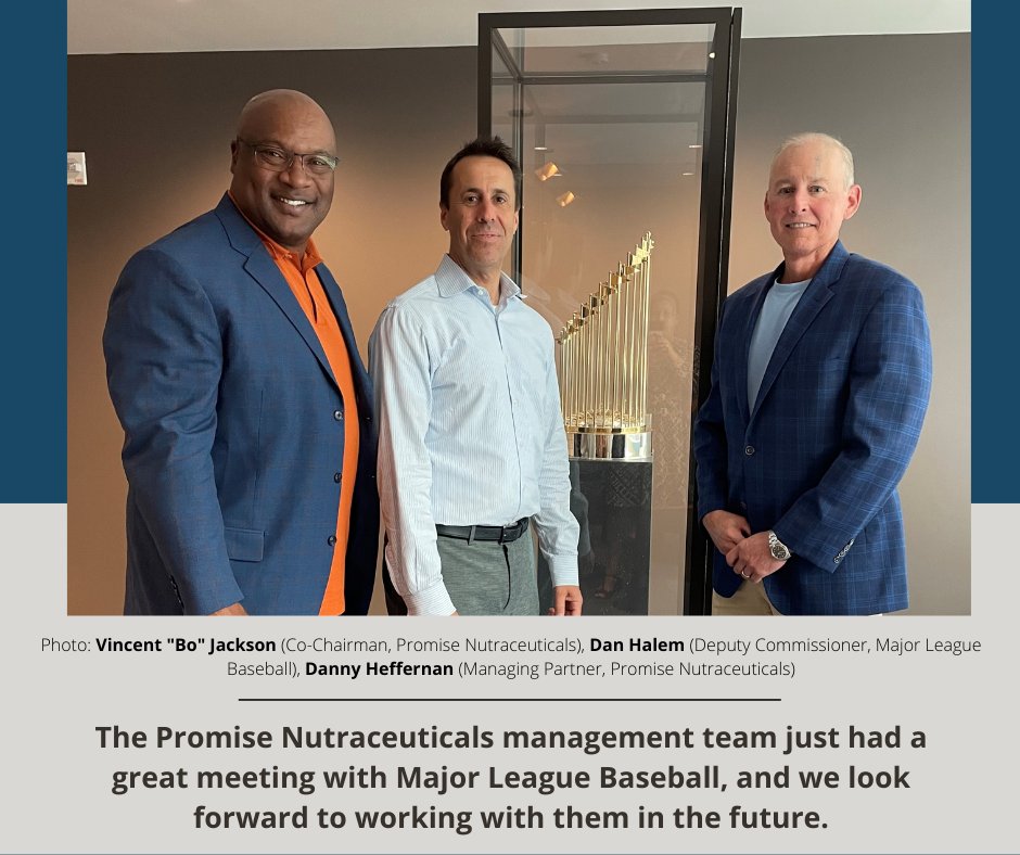 The Promise Nutraceuticals management team (@BoJackson and Danny Heffernan) were fortunate enough to meet with the Deputy Commissioner of @mlb, Dan Halem, and had a great meeting. Be sure to stay tuned! #mlb #baseball #bojackson