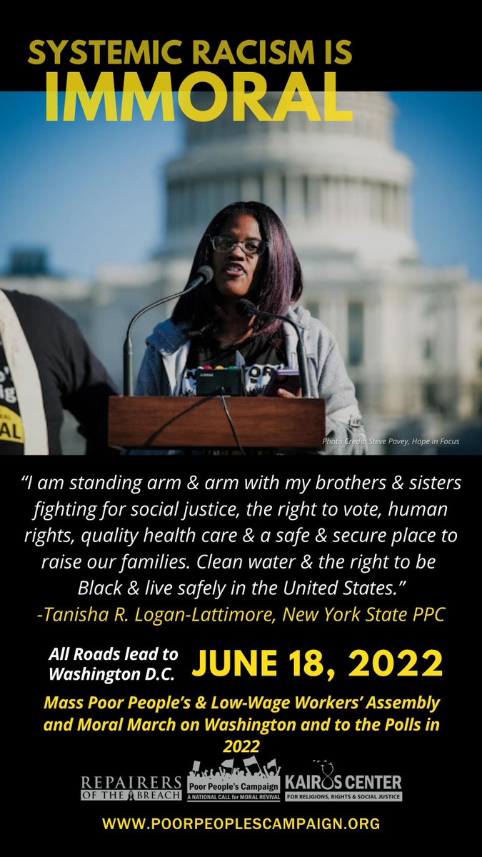 Systemic RACISM is IMMORAL! Join us in Washington DC on June 18th for the Moral March on Washington
#MeetUsinDC #MoralMarchOnWashington #PoorPeoplesCampaign
