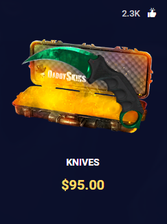 DaddyskinsCSGO's tweet image. Guaranteed knife case giveaway!

🔪 RT/Follow us and tag a friend

GLHF