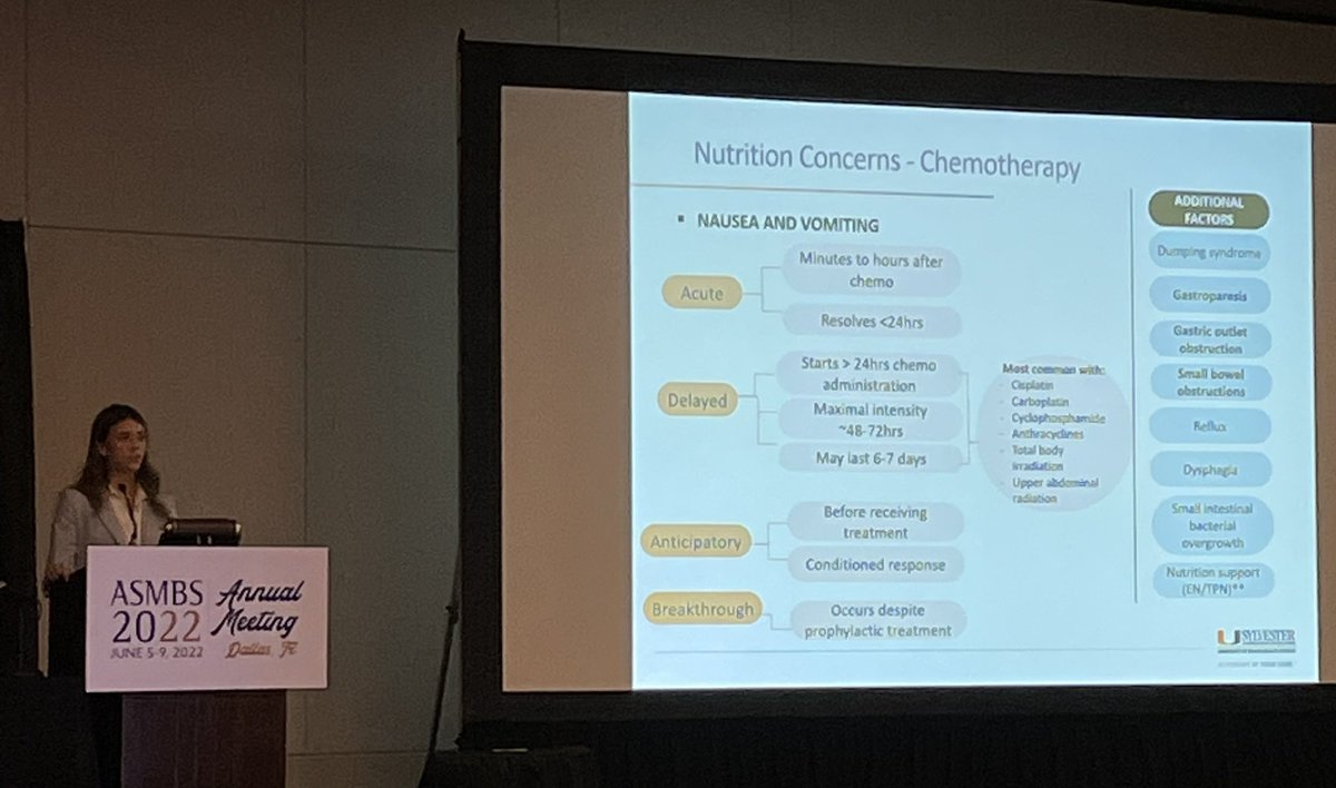 Love that our <a href="/ASMBSIH/">ASMBS IH</a> course directors for #cancer and #BariatricSurgery found Federika Garcia, RD, with experience in both worlds. Be proactive with nausea/vomiting and check for constipation in pts having chemotherapy
