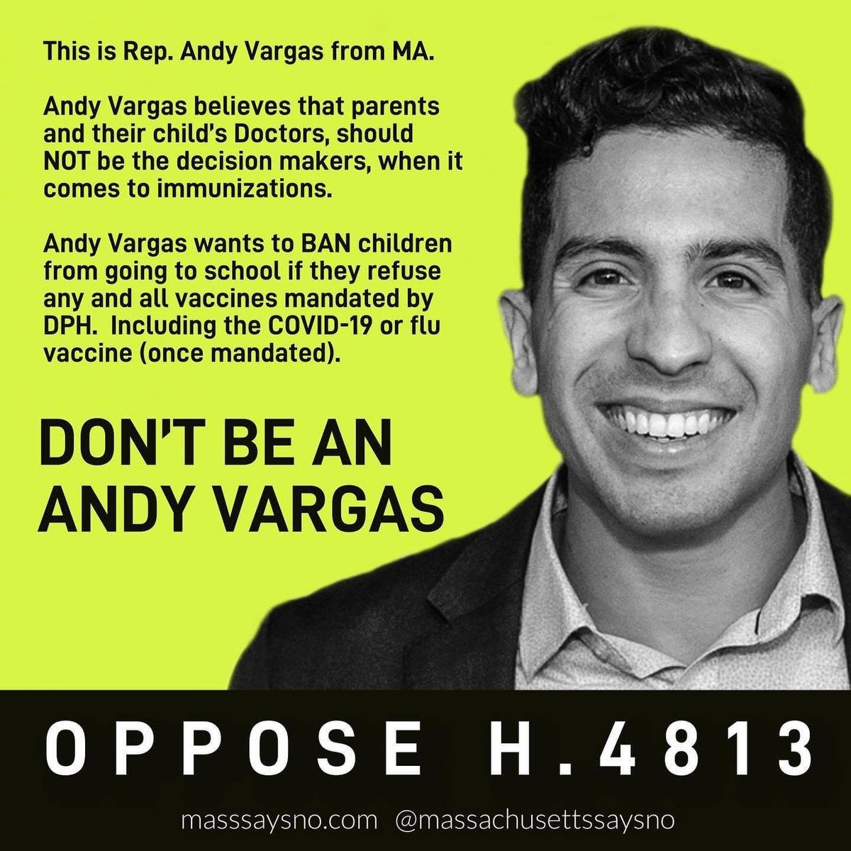AF3_76's tweet photo. ❌ Don’t be an Andy Vargas!
✅ OPPOSE H.4813 - click here https://t.co/EGmvj7Cl6H
#oppose4813 #notodiscrimination #notosegregation #notomandates #massachusetts #religiousfreedom https://t.co/o4rXMedSWF