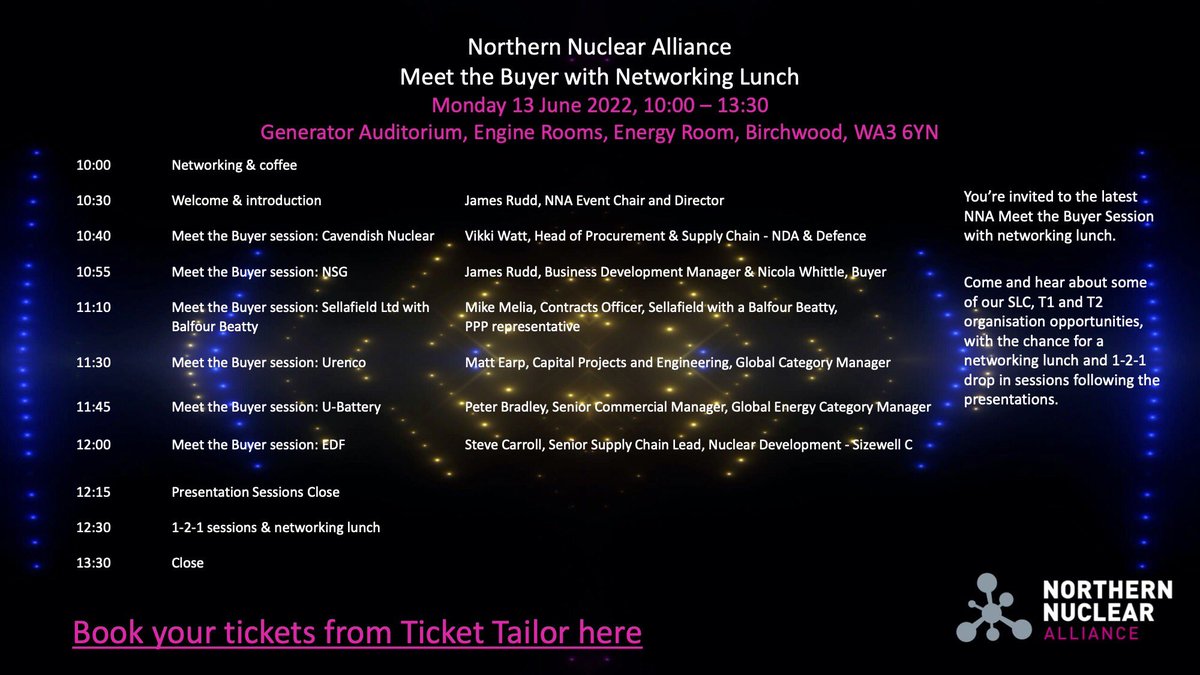 MEET THE BUYER EVENT - 13TH JUNE 
Still time to book a place on the Northern Nuclear Alliance at Birchwood Park this Monday 13th June. Hear about some of our SLC, T1 &amp; T2 organisation opportunities, with a networking lunch
Book your free ticket here: lnkd.in/dTV-5XN5