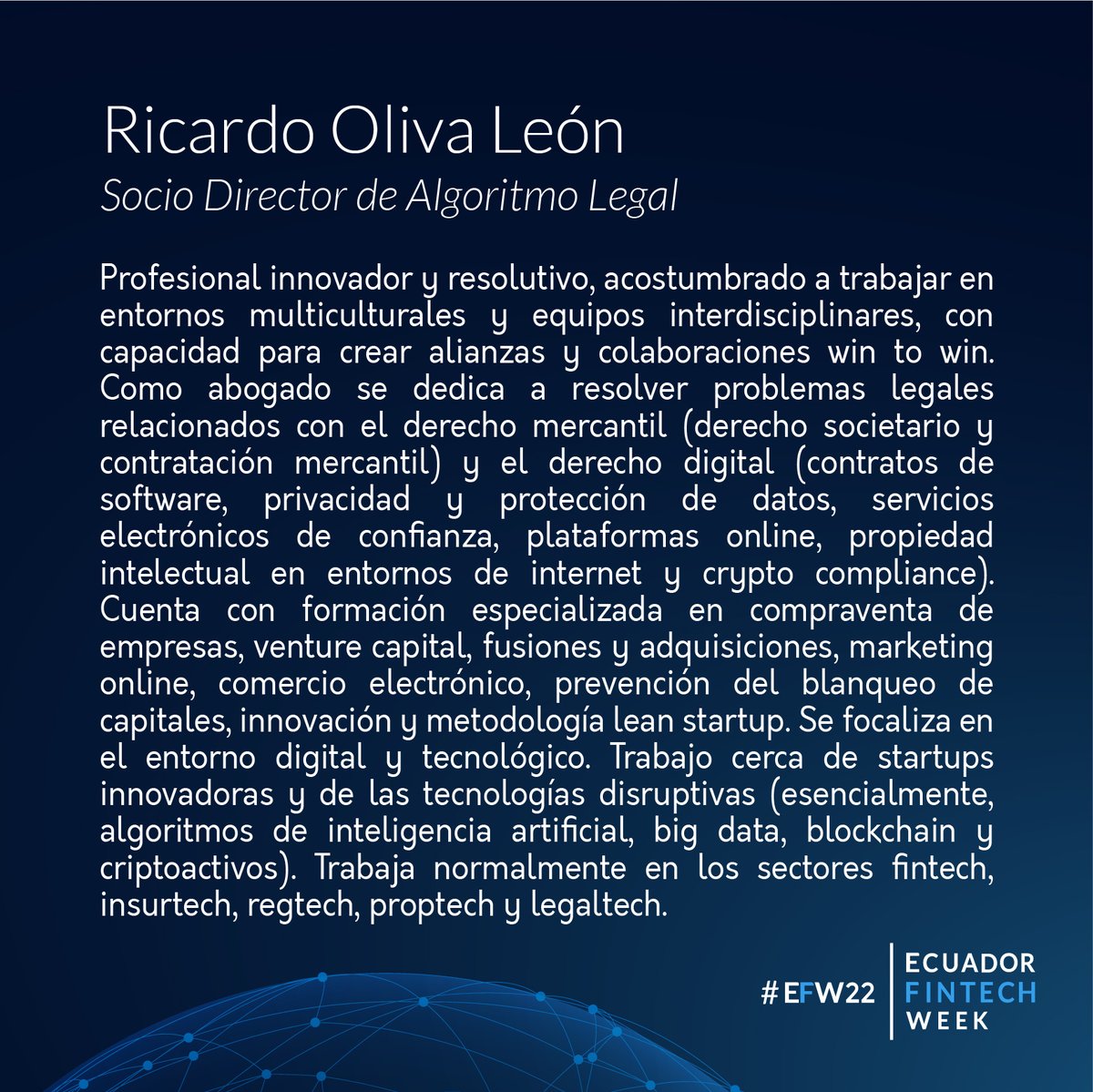 "La inteligencia artificial en la administración de Justicia" es el tema que expondrá <a href="/RicarditoOliva/">Ricardo Oliva</a>, Socio Directo de <a href="/algoritmolegal/">Algoritmo Legal</a>, en el Congreso de Derecho, Nuevas Tecnologías y Regulación Fintech.

#EFW22 #EcuadorFintechWeek #Congreso #Derecho #Fintech