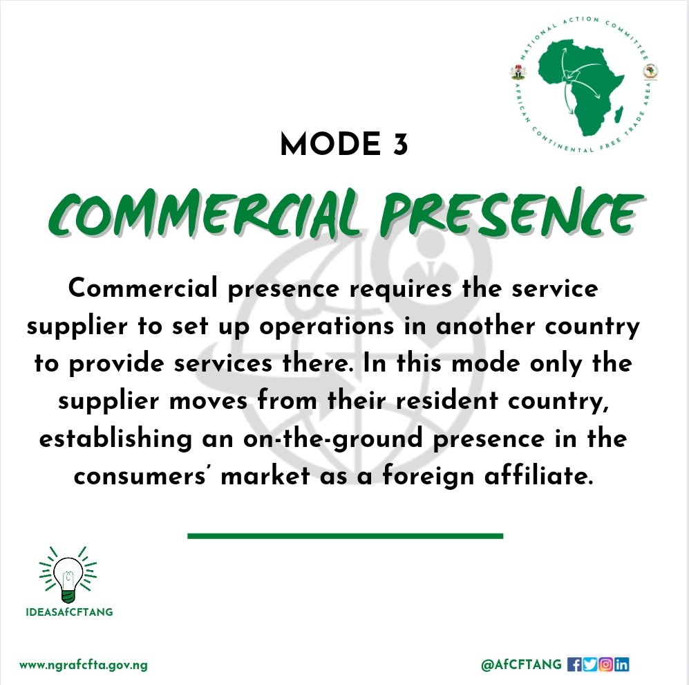 AfCFTANG's tweet image. MODE 3

COMMERCIAL PRESENCE !!!

This requires the service supplier to set up operations in another country to provide services there. Here only the supplier moves from their resident country, establishing an on-the-ground presence in the consumers’ market as a foreign affiliate.