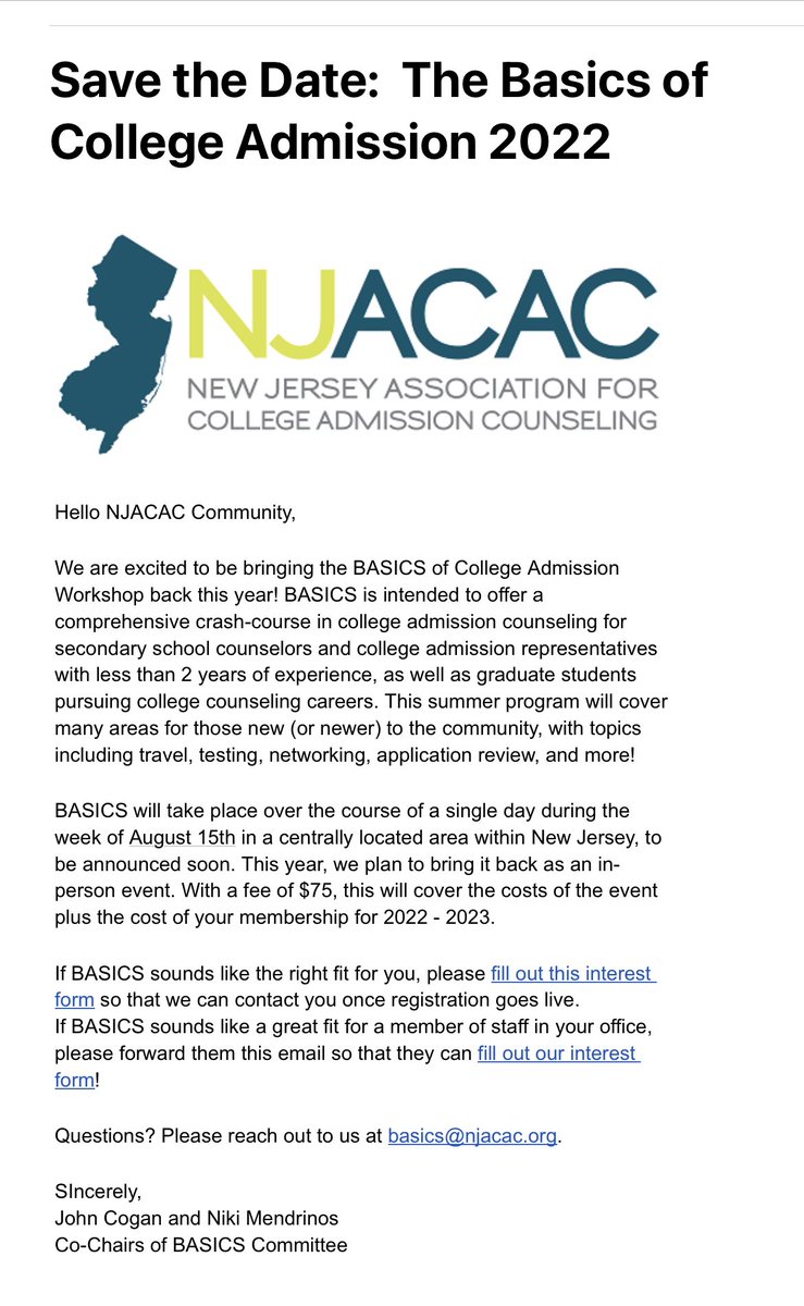 NJACAC Basics is back in person!  Great opportunity for new (less than 3 years) hs counselors, college counselors, IECS, and college admission professionals. Details below.  To get on the list please fill out this interest form. docs.google.com/forms/d/e/1FAI…