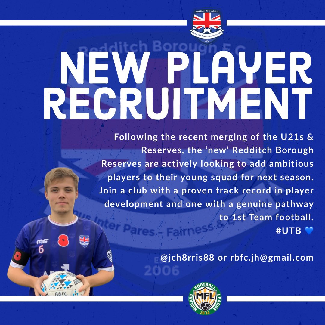 Redditch Borough Reserves are actively looking to add ambitious players to their young squad for next season.

Join a club with a proven track record in player development and one with a genuine pathway to 1st Team football.

Contact Jason: <a href="/jch8rris88/">Jason</a> or rbfc.jh@gmail.com

#UTB