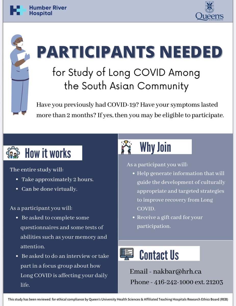 On Long Covid Awareness day, sharing this study that the South Asian Health Network is involved with.

If you are a South Asian Canadian and have Long Covid symptoms, please consider participating in this study. Can be done virtually. 

Please email: nakbar@hrh.ca