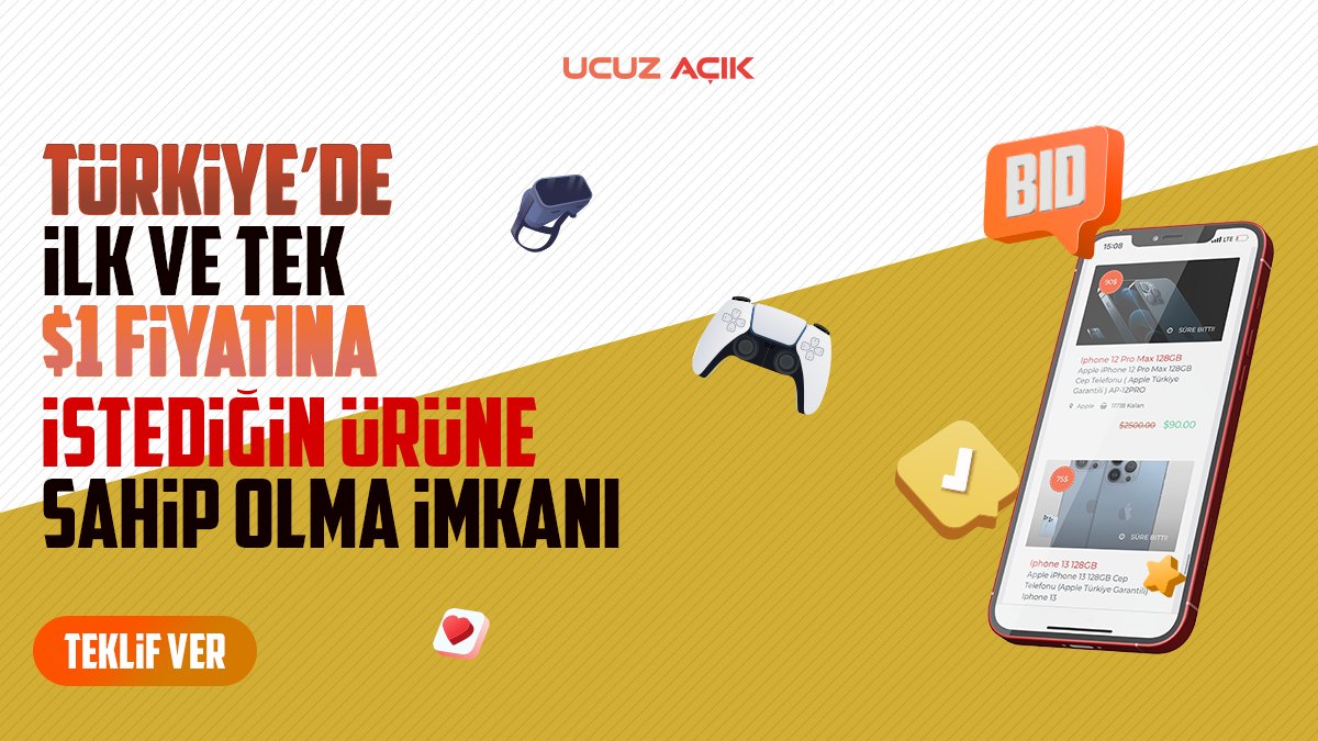 Türkiye’nin ilk ve tek benzersiz açık artırma platformu olan #UcuzAçık, 1$ fiyatına istediğin ürüne sahip olma imkanı veriyor🛒