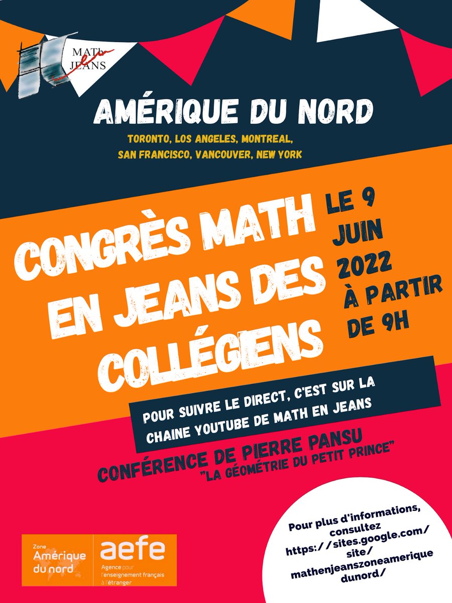 math_nord's tweet photo. Congrès Math en Jeans des collégiens d’Amérique du Nord, aujourd’hui jeudi 9 juin .
En direct sur la chaîne YouTube de l’association Math en Jeans. @MAThenJEANS    https://t.co/k5H2m38hHi https://t.co/ii0nFUyt3u