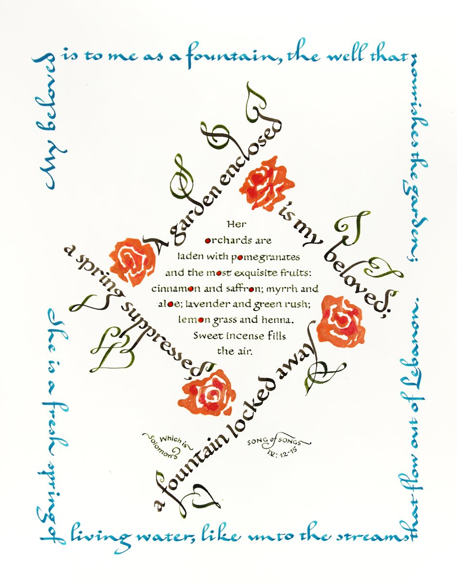 BromerGallery's tweet photo. Summer artist #4: Margaret Shepherd. Shepherd's is a masterful calligrapher, with a hand both for realism and abstraction. We'll be showing the original art for her latest book, a calligraphic interpretation of Song of Songs. #bookarts #artgallery #bostonart #calligraphy https://t.co/VuBUH4uWuQ
