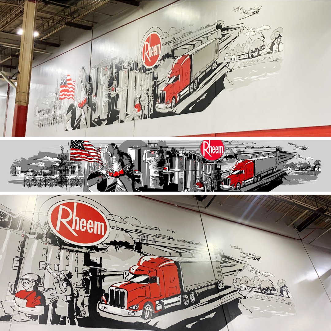 Our Montgomery facility has been a landmark in the city landscape for more than 50 years. We've created a wall mural highlighting local imagery &amp; company elements in a 60-foot work of art including the Montgomery fountain, Rheem production crews &amp; a representation of Gunter Park.