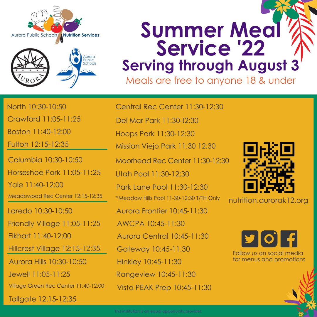 Aurora Public Schools Nutrition Services (@apsnutritionk12) on Twitter photo Let us take something off your plate, parents! Come fill up with our summer meal program!
<a href="/aurorak12/">Aurora Public Schools</a> <a href="/ArkansasWildcat/">Arkansas Elementary</a> <a href="/ElkhartES/">Elkhart Elementary</a> <a href="/MontviewMustang/">Montview Elementary</a> <a href="/CBEA_K8/">The Clara Brown Entrepreneurial Academy (CBEA)</a> <a href="/burrellartsk12/">The Charles Burrell Visual & Performing Arts</a> <a href="/awcpaspartans/">Aurora West College Preparatory Academy</a> <a href="/gatewayolys/">Gateway High School</a> @empowerhs <a href="/LotusSchool/">Lotus School</a> Let us take something off your plate, parents! Come fill up with our summer meal program!
<a href="/aurorak12/">Aurora Public Schools</a> <a href="/ArkansasWildcat/">Arkansas Elementary</a> <a href="/ElkhartES/">Elkhart Elementary</a> <a href="/MontviewMustang/">Montview Elementary</a> <a href="/CBEA_K8/">The Clara Brown Entrepreneurial Academy (CBEA)</a> <a href="/burrellartsk12/">The Charles Burrell Visual & Performing Arts</a> <a href="/awcpaspartans/">Aurora West College Preparatory Academy</a> <a href="/gatewayolys/">Gateway High School</a> @empowerhs <a href="/LotusSchool/">Lotus School</a>