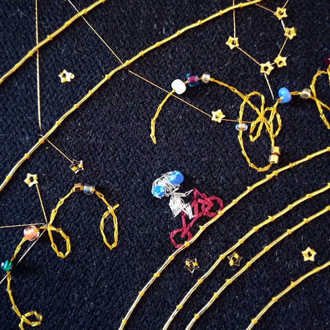 OTrichereau's tweet photo. Hand embroidery.
37cm in diameter.
DMC embroidery threads, vintage cannetille, 24kt gold plated beads, Swarovski crystal beads, glass beads and sequins on wool made in England.

https://t.co/3LsI2DUtle

#embroidery #solarsystem #sunartwork #soleilart #planets #jupiter #saturnart https://t.co/lg9uYVdU2m