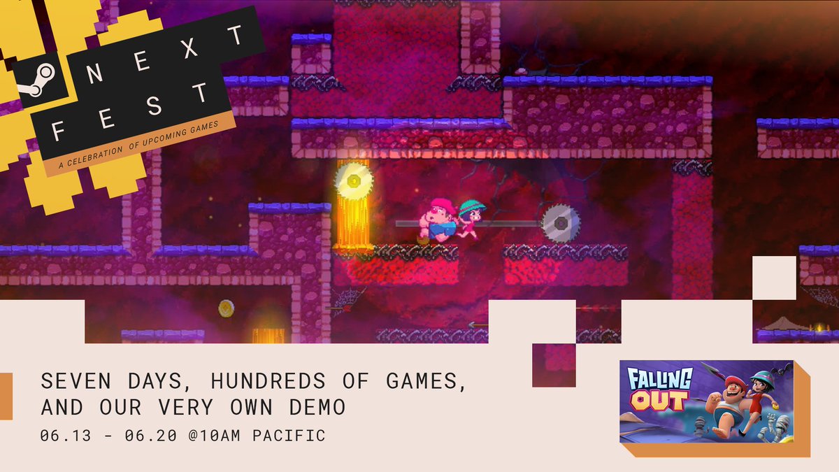 FallingOutGame's tweet photo. We're super excited to be part of the #SteamNextFest which is a big celebration of upcoming games...with demos...including ours! We guarantee ours is the only one to include snakes, boomerangs, floods and mild bickering. 

#roguelike #roguelite #indiegames #fallingoutgame https://t.co/d9yKGFDd5Z