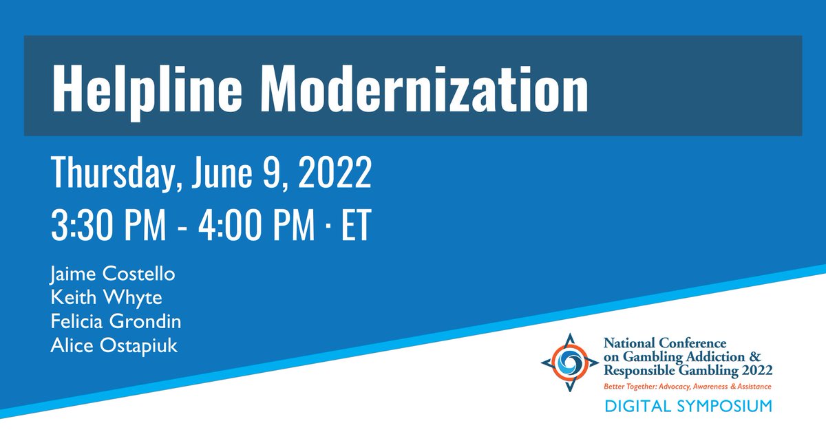 The National Council on Problem Gambling and the Council on Compulsive Gambling of New Jersey invite members of the public to attend a live virtual presentation on Helpline Modernization on Thursday, June 9, 2022, at 3:30 pm ET. 

Learn more and RSVP at