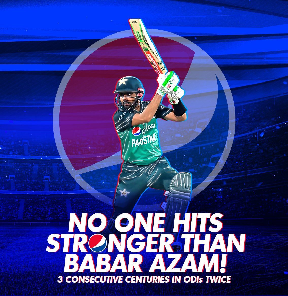 In celebration of our strong captain who gave hit after hit! King Babar becomes the only batsman in the world to score 3 consecutive centuries in ODIs TWICE! Hum ne #NoticeKiya! @babarazam258 #PepsiPakistan
